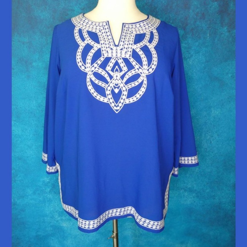 Linea Blue White Three Quarter Sleeve Top 1X